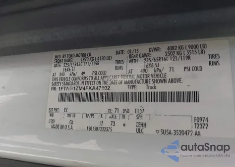 2015 Ford Transit-250 из США, поврежденный, VIN 1FTNR1ZM4FKA47102